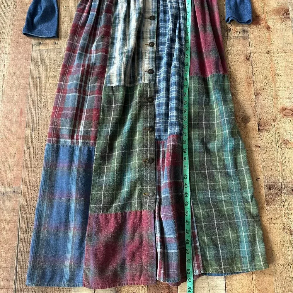Vintage Denim & Plaid Patchwork Maxi Dress With Long Sleeves & Button Front - Picture 4 of 12